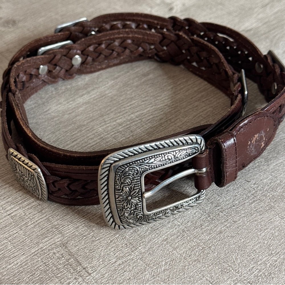 Vintage Concho Women’s Western Brown Braided Silver Buckle Belt Leather Size XL